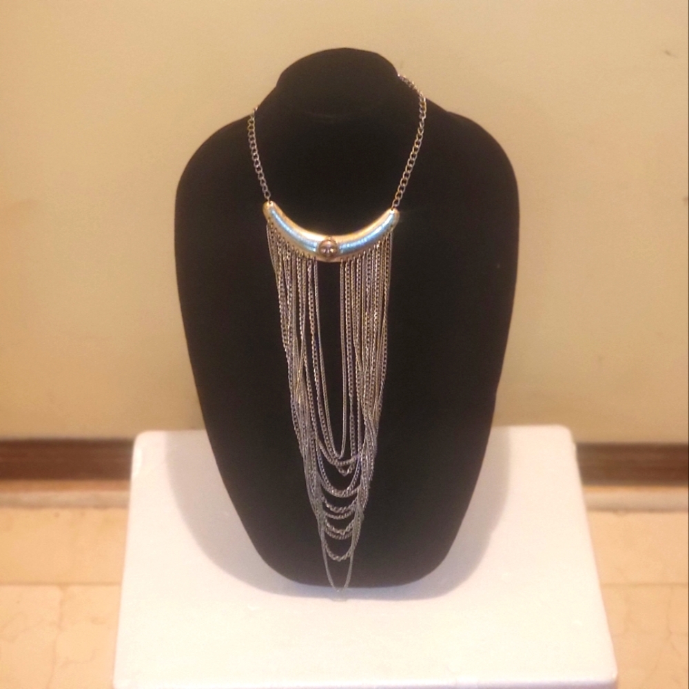 Runway Necklace long silver chains gold sun, MOON face statememt. Summer.